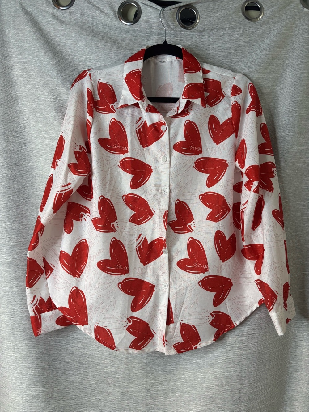 White Button-Down Shirt with Bold Red Heart Print
